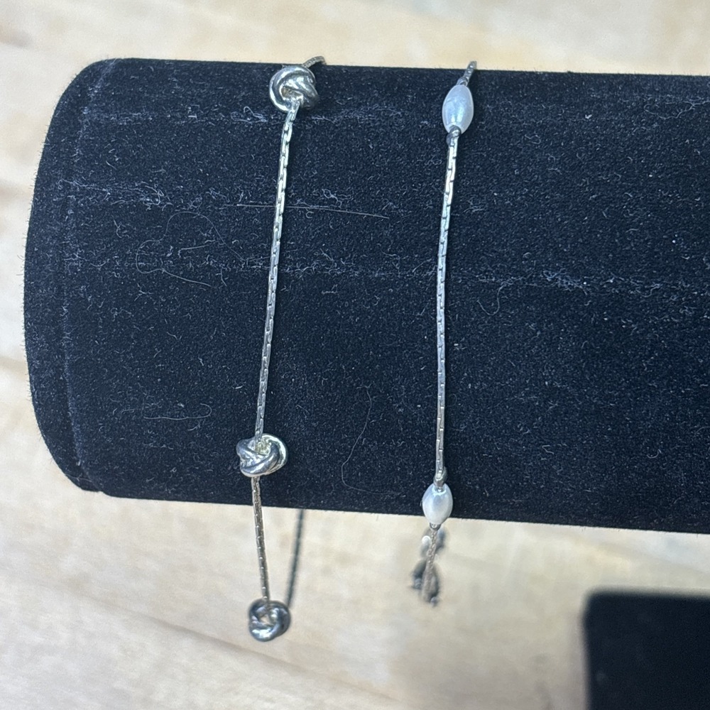 Vintage Silver Tone Chain Bracelets Lot of 2 Faux Pearl Knot Delicate Stackable
